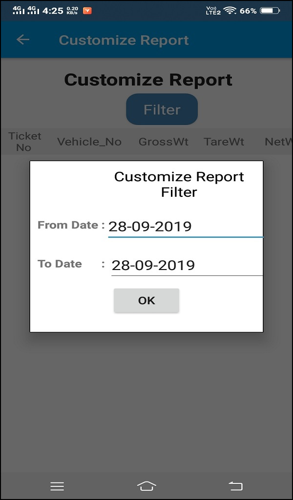 Online Weighbridge Reporting Mobile APP Custom filter Selection